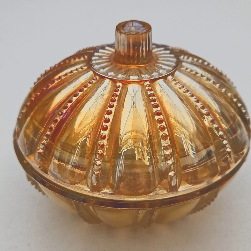 Vintage Beaded Paneled Marigold Carnival Art Glass Vanity Powder Jar